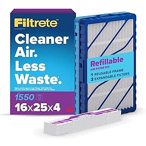 [NEW, SnS] $17.22 | Filtrete 16x25x4 Refillable Air Filter Starter Kit, MPR 1550, MERV 12, 1 Reusable Air Filter Frame & 2 Air Filters at Amazon