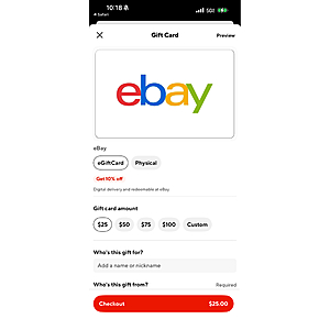 Ebay Egift card 10% off via Doordash Dashpass $90