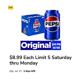 Kroger, 24 packs Pepsi or 7 up products, $8.99, limit 5, Sat - Mon, 7/25 - 7/27