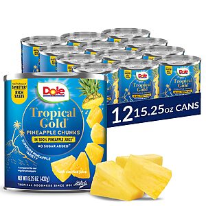 $18.37 S&S/Q or less: Dole Tropical Gold Pineapple Chunks in 100% Pineapple Juice,  No Sugar Added, 15.25 Oz, 12 Count