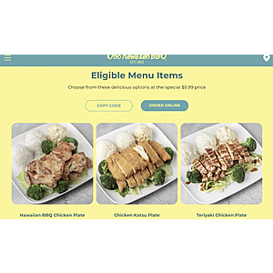 Ono Hawaiian BBQ (Los Angeles/Orange County Area) Chicken Plate Lunch $5.99 + Free Pickup 07/26/2026 Only
