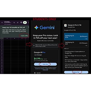 Select Active Student Google Gemini Accounts: Savings on Google AI PRO for 12 months $4.99/mo (Exp 06/30)