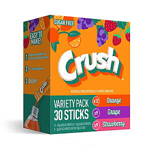 $3.78 FS Walmart+ Crush Powdered Drink Mix Variety Pack, Orange, Grape & Strawberry, Sugar-Free, 30-Count