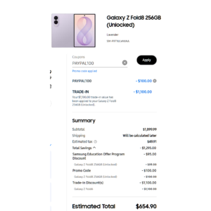 New Samsung Galaxy Z Fold8 (wide) $655 after trade-in, Papal discount, and education discount