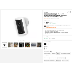 Ring Outdoor Cam Pro, Plug-In 4k - WHITE ONLY $129.99