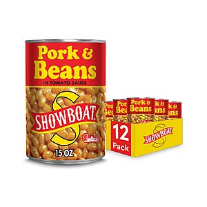 $8.64 or less S&S Clip Q AMAZON: Showboat Pork & Beans in Tomato Sauce, 15 oz (Pack of 12) |