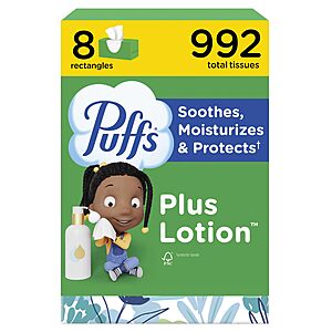 Puffs Facial Tissues Plus Lotion, 8 Family Rectangle Boxes, 124 Facial Tissues per Box, Allergies and Colds (Packaging May Vary)~$12.63 With S&S @ Amazon