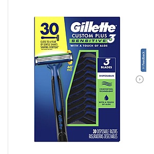 Gillette Custom Plus3 Disposable Razors Sensitive, 30-count $23.99 Free Shipping Costco.com