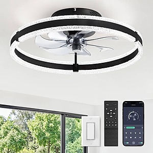 LEDIARY Black 20in Low-Profile Flush Mount 6-Speed Ceiling Fandelier Dimmable w/ 3-color temperature (3000-6000K) Light, Controlled by App or Remote $40 + Free Shipping