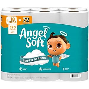 [SnS, AC] $48.53** | 5 × 18-Pack 320-Sheets Angel Soft Toilet Paper Mega Rolls ($9.71 each) at Amazon
