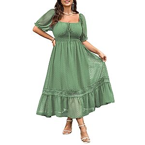 SHESTARR Women's Plus Size Maxi Dress Short Sleeve Square Neck Tie Front Swiss Dot A Line Wedding Guest Dresses Mint Green $19.99