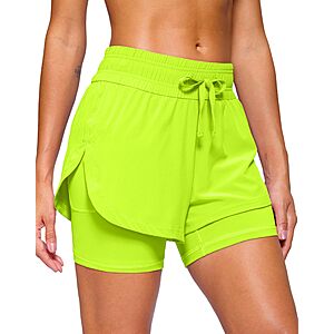 Soothfeel Women's 2 in 1 Running Shorts 5" Athletic Shorts High Waisted Workout Gym Tennis Exercise Shorts with Liner Pocketfluorescent_greenL $13.99