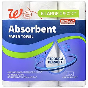 Walgreens Absorbent Paper Towels, 90.0 ea, 6 pack $2.97