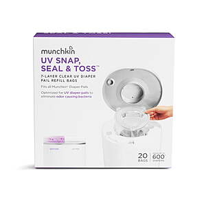 $11 Reg $22 FS/Walmart+ Munchkin UV Snap, Seal & Toss Diaper Pail Refill Bags, Holds up to 600 Newborn Diapers, 20 Pack