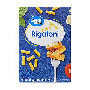 68 cents: 16oz Box of Great Value Rigatoni Pasta, Free Pick Up Walmart or part of delivery order (REGIONAL)