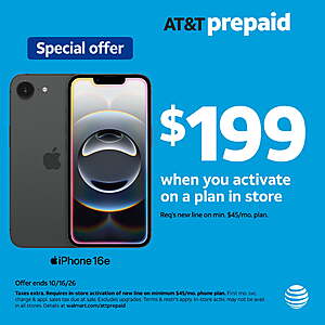 AT&T Apple iPhone 16e, 128GB, Black - Prepaid Smartphone AT&T Locked $199 in store activation or $299 + Free Shipping
