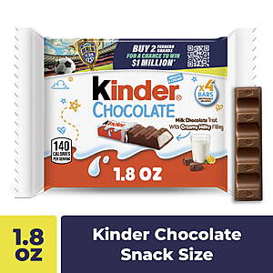 $1.27 WM Cash + Kinder Chocolate Milk Chocolate Bars with Creamy Milky Filling, 4 Individually Wrapped Bars per Pack, 1.8 oz