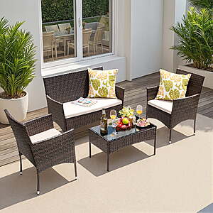 4-Piece Lacoo Patio Wicker Rattan Conversation Set w/ Loveseat, 2 Chairs, Glass Coffee Table & Cushions (Brown) $149.99 + Free Shipping