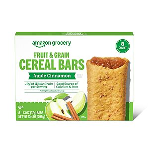 4 pack, 8 count box, Amazon Grocery, Apple Cinnamon Fruit & Grain Cereal Bars, 1.3 Oz, $6.05, Amazon