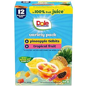 [SnS, AC] $5.44* | 12-Pk 4-Oz Dole Fruit Bowl Snacks (Pineapple Tidbits & Tropical Fruit) at Amazon (45.3￠ each)
