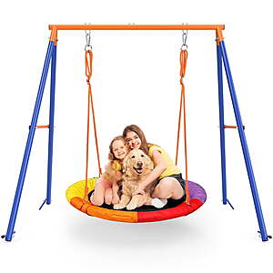 GIKPAL Swing Sets for Outside 440lbs Swing Set for 2-3 Kids Outdoor with Heavy-Duty Metal Frame & Adjustable Ropes Round Swing, Rainbow $115.99