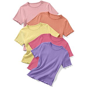 LessonZoo 5 Pack Toddler Girl T Shirts Crew Neck Short Sleeve Ribbed Tops, 18M-5T (Various) - $11.99
