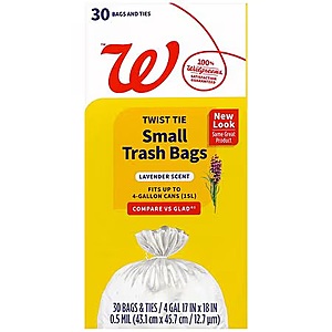 Walgreens Twist Tie Small Trash Bags 4-Gallon, 30.0 ea Or Medium Kitchen Bags 8-Gallon,  White, Citrus, 18.0 ea 3/ $4.24
