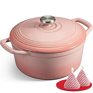 Overmont Enameled Cast Iron Dutch Oven - 5.5QT Pot with Wide Handles Lid Cookbook & Cotton Potholders $33.99