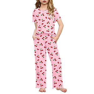 Arshiner Girls Pajama Set Short Sleeve Long Pant Sleepwear Soft Shirring Lounge Set Pjs Pink Cherry 4-5 T $11.89