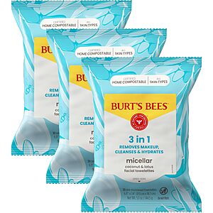 $8.14 w/ S&S - 90 Count (3 packs of 30) Burt's Bees Facial Cleansing, Makeup Remover Towelettes, 3 in 1 Hydrating Micellar Cleanser with Coconut & Lotus Water