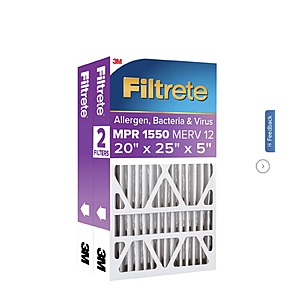 Filtrete Air Filter 5”, MPR 1550 MERV 12, Ultra Allergen, Bacteria, and Virus Deep Pleat Filter, 2-pack $36.99 (20x25x5 or 16x25x5) free shipping Costco.com