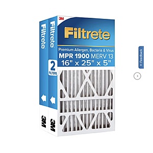 Filtrete Air Filter 5”, MPR 1900 MERV 13, Premium Allergen, Bacteria and Virus Filter, Electrostatic Air Cleaning Deep Pleat Filter, 2-pack $43.99 Free Shipping Costco.com