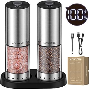 2-Pack 4.05-Oz WONMAKE Electric Salt & Pepper Grinder Set w/ Storage Base & LED Battery Indicator (Silver) $23.81 + Free Shipping w/ Prime or on $35+