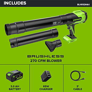 Greenworks PowerAll 24V, Brushless 270CFM Blower, 3Ah Battery, 65W Charger and Cable, BL1032HA1 $79.99
