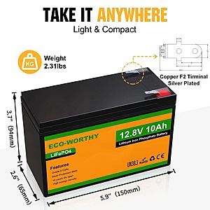 ECO-WORTHY 128Wh 12V 10Ah LiFePO4 Lithium Battery For Trolling Motor $53.59 + Free Shipping