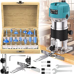 TwoWin 800W Compact Palm Wood Router Tool w/ 1/4" Collet & 15-Piece Tungsten Carbide Router Bit Set $34.99 + Free Shipping