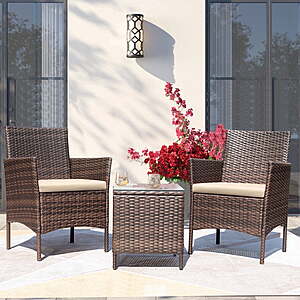 Devoko 3 Pieces Patio Furniture Set Outdoor Conversation Set Wicker Bistro Chairs Set of 2 with Coffee Table for Porch Backyard Balcony,, Brown/Beige $80.99