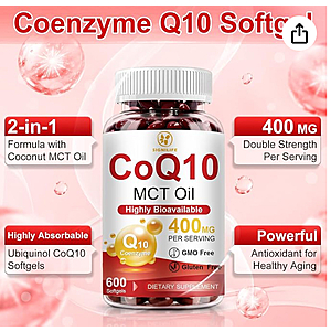 600 day supply CoQ10 400mg Per Serving, 600 Softgels Extra Strength with MCT Oil | Coenzyme Q10 $43