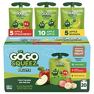 GoGo squeeZ No Sugar Added Applesauce & Fruit Puree Variety Pack, 20 Count (various flavors) $8.62