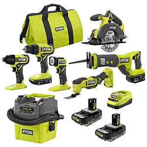 RYOBI ONE+ 18V Cordless 6-Tool Combo Kit with (4) Batteries, Charger, and ONE+ 18V Cordless 1 Gal. Wet/Dry Vacuum $299