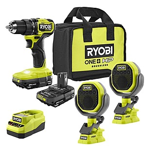 RYobi ONE+ HP 18V Brushless Cordless Compact 1/2 in. Drill/Driver Kit w/ (2) Batteries, Charger, & Cordless Clamp Speaker 2Pk $159