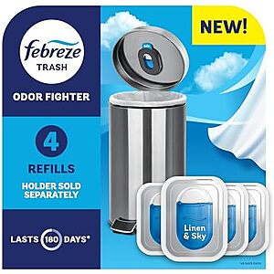 [NEW, AC] $6.99 | Febreze Trash Odor Fighter, Trash Can Air Freshener, Linen & Sky Scent, 4 Refills (Holder Sold Separately) at Amazon