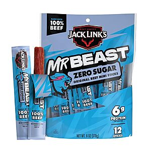 [S&S] Jack Link's x MrBeast Zero Sugar Original Mini Beef Jerky Sticks - Individually Wrapped Protein Snacks - (12 Pack) 0.5 oz Meat Sticks $4.73 + FS for Prime or $35+
