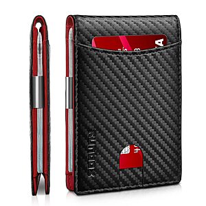 RUNBOX Slim RFID-Blocking Bifold Wallet w/ Money Clip (Holds 11 Cards, Carbon Black/Red) $4.74 + Free Shipping w/ Prime or on $35+