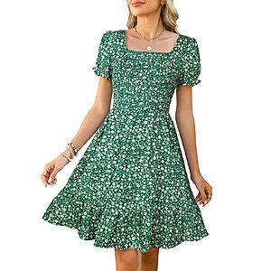 Lyrur Women's Floral Square Neck Smocked Knee Length Summer Dress (Various) $9.99 + Free Shipping w/ Prime or on $35+