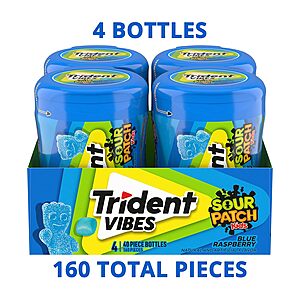Select Accts: 4-Pack 40-Piece Trident Vibes Sour Patch Kids Sugar-Free Gum: Blue Raspberry $9.44 w/ S&S ($2.36 Each) + Free Shipping w/ Prime or on $35+