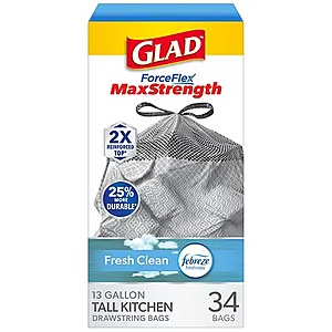 Glad MaxStrength Drawstring Odor Shield Tall Kitchen Trash Bags Febreze Fresh Clean, 13 Gallon, 34.0 ea $6.49