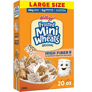 Kellogg’s Frosted Mini-Wheats Breakfast Cereal, High Fiber, 48g Whole Grain, Large Size, 20 oz $3.79 or less