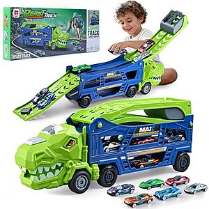 3-in-1 heygelo Kids' Dinosaur Transporter Carrier Truck w/ 6 Die-Cast Cars & Foldable Race Tracks (Jungle Blue) $17.99 + Free Shipping w/ Prime or on $35+