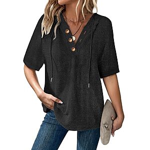Dimur Women's Waffle Knit Hooded V-Neck Pullover Top (S-XXL, Various Colors) $5.99 + Free Shipping w/ Prime or on $35+